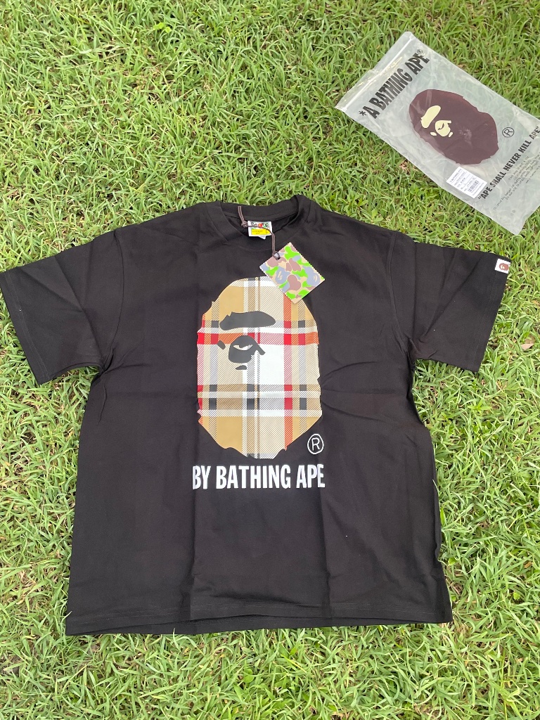 Bape Black Tee With Plaid Ape Head Graphic